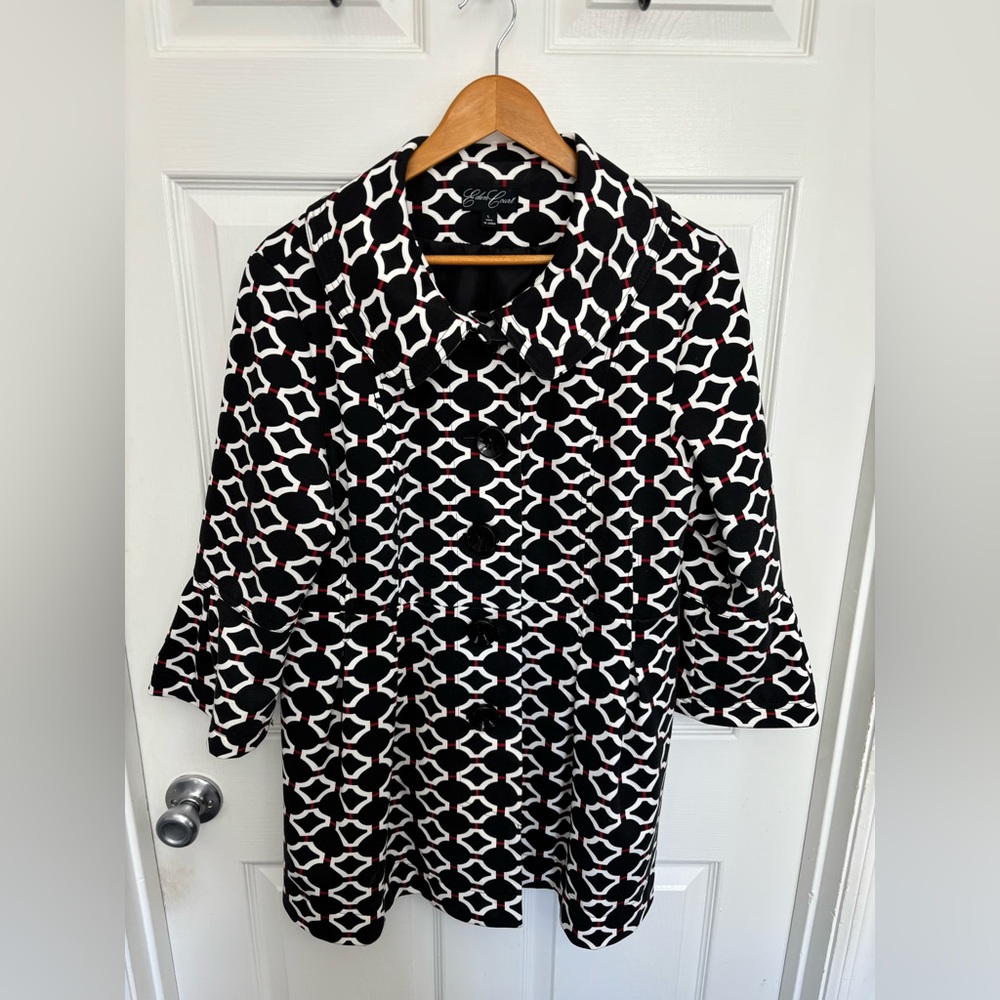 Black & White Geometric 60s Retro Revival Mad Men Inspired Pea Coat, Women’s L